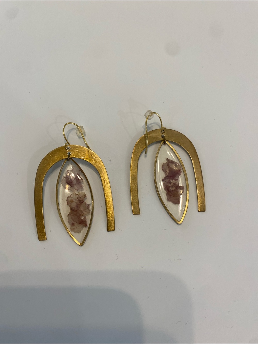 Gold Drop Earrings with Pink Floral Inlay